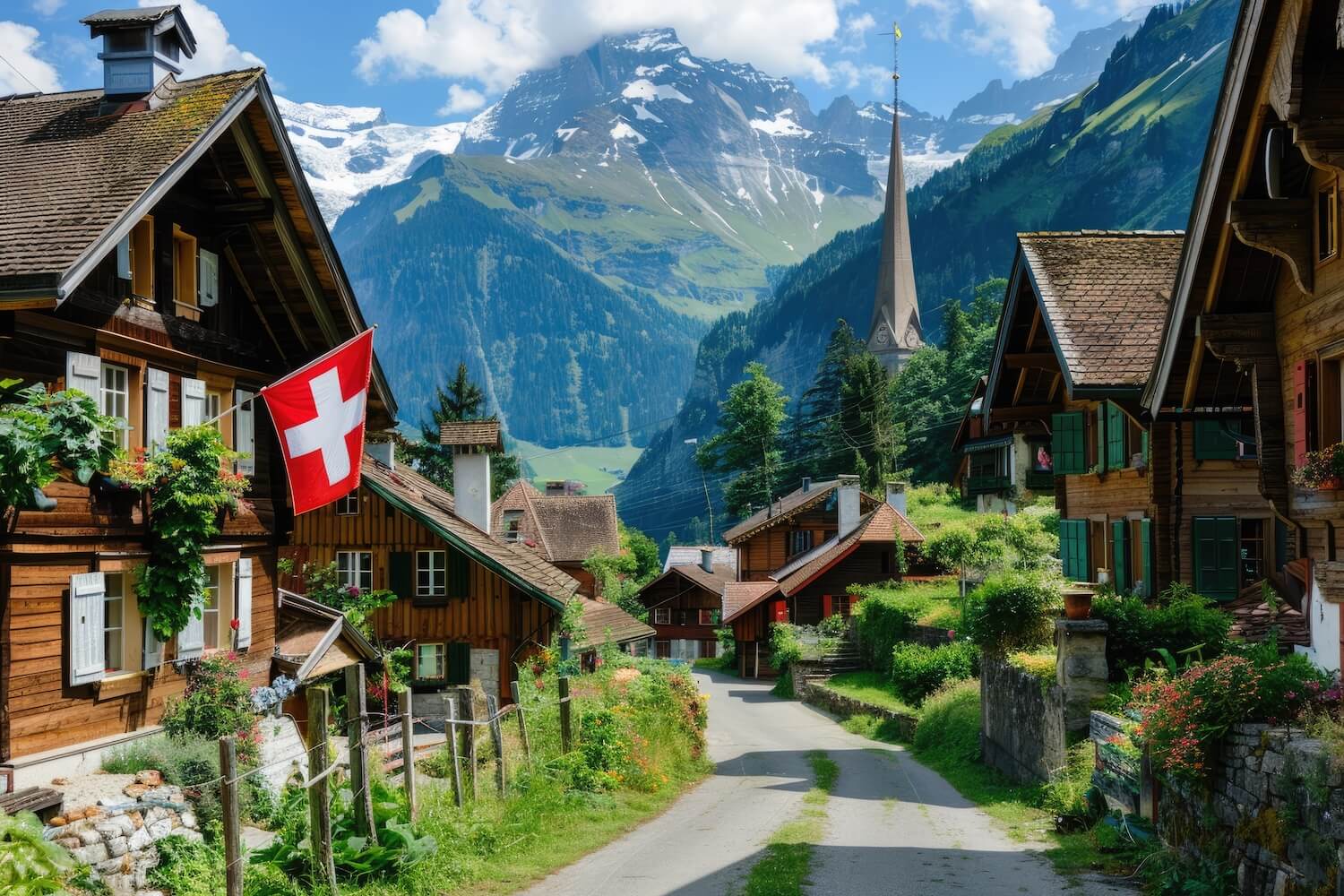Schweizer Alpendorf mit traditionellen Holzhäusern und schneebedeckten Bergen im Hintergrund