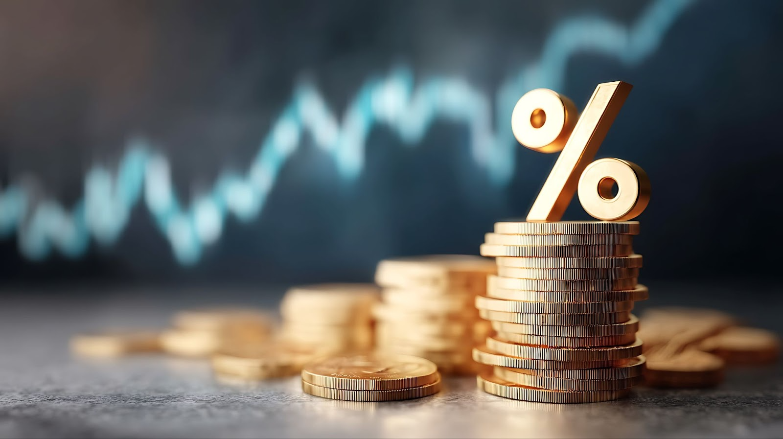 Goldmünzen mit Prozentzeichen symbolisieren renditestarken Sparplan vor Finanzdiagramm