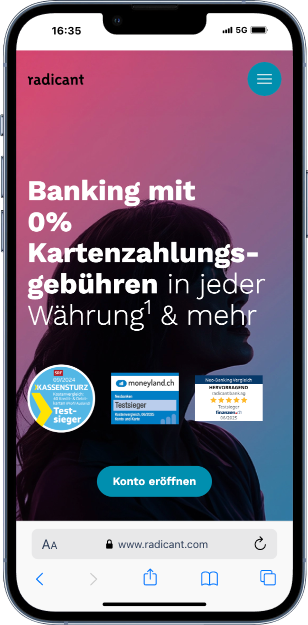 radicant Banking App als N26 Alternative Schweiz mit 0% Kartenzahlungsgebühren weltweit