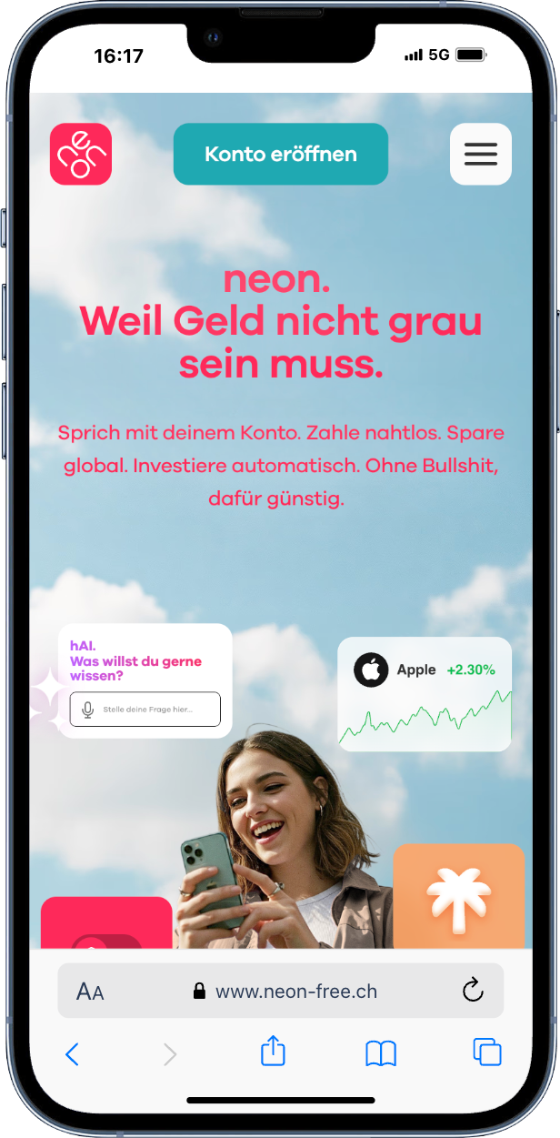 Neon Banking App als N26 Alternative Schweiz mit kostenlosem Konto und Investmentfunktionen