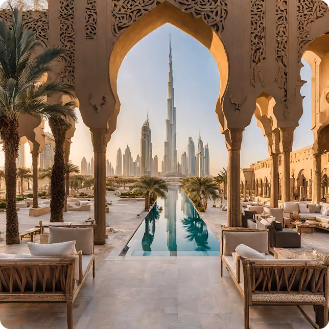Uitzicht op Burj Khalifa vanuit luxe resort in Dubai met zwembad en palmbomen.