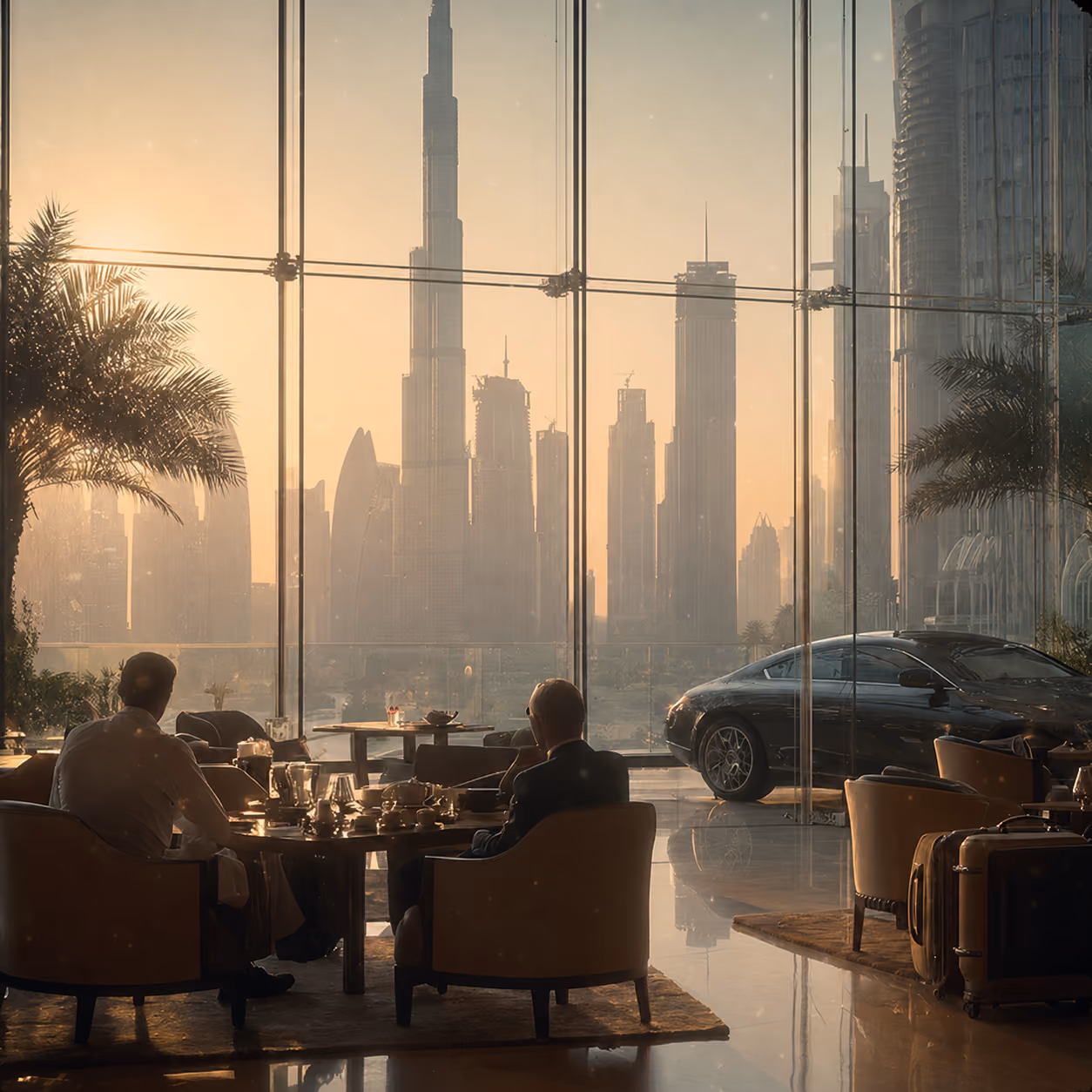 Zakelijk diner met uitzicht op Dubai skyline en moderne auto bij zonsondergang.