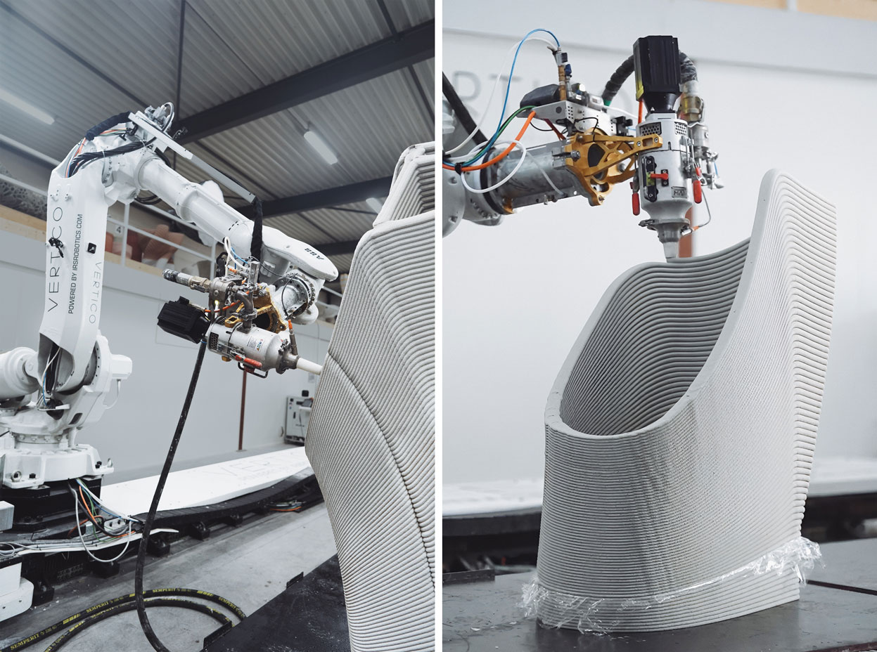 3D concrete printing robot creating curved architectural structure with precision