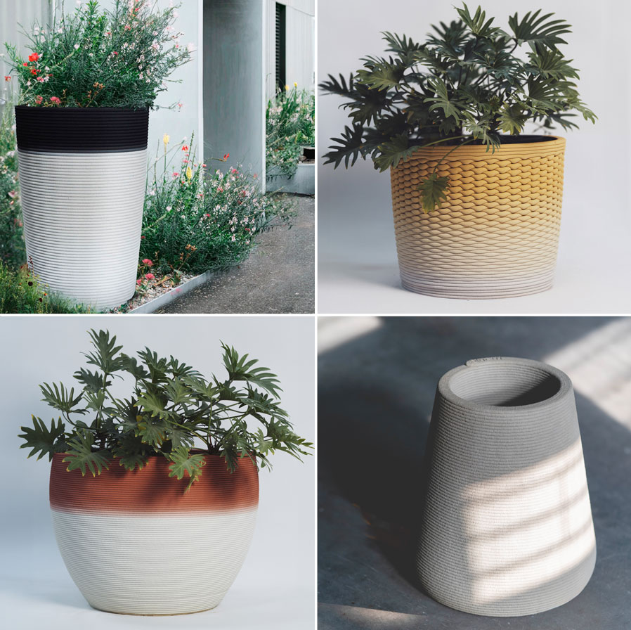 3D printed concrete planters with unique textures and gradient colors