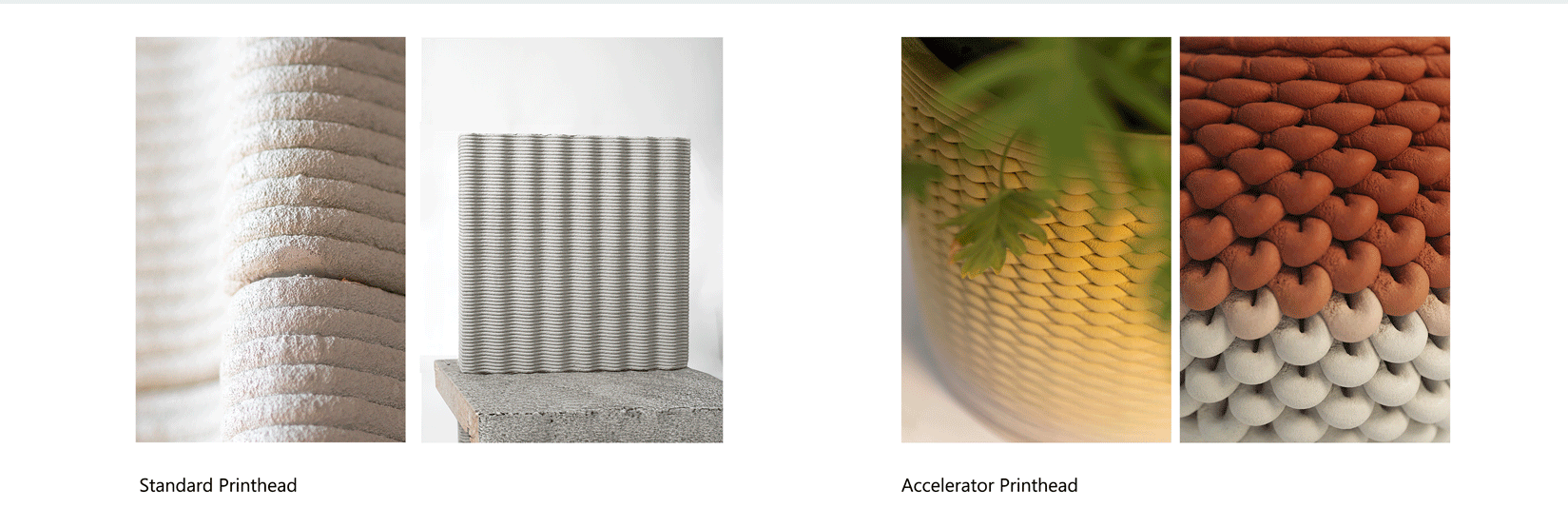 3D concrete printing printheads showing standard and accelerator textures