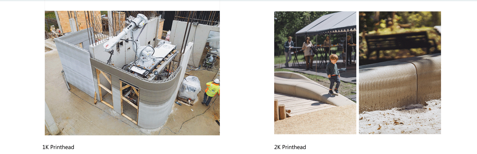 3D concrete printing robot constructing curved wall structure on construction site