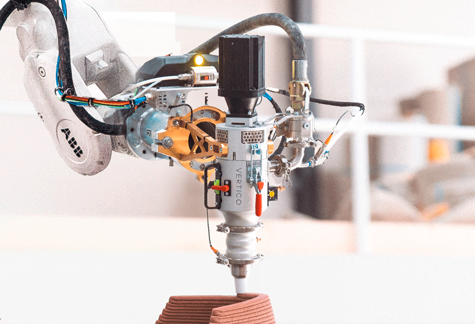 3D concrete printing robot extruding layers of material precisely