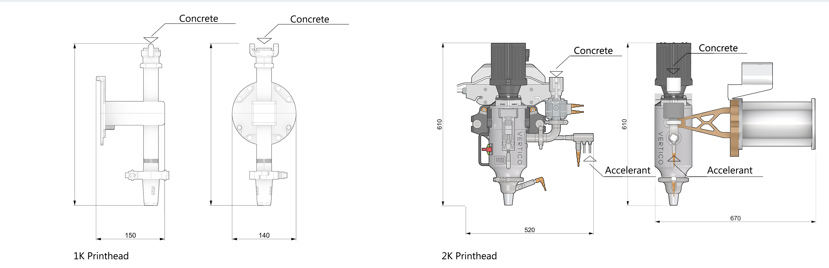 3D concrete printing printheads showing 1K and 2K technical design