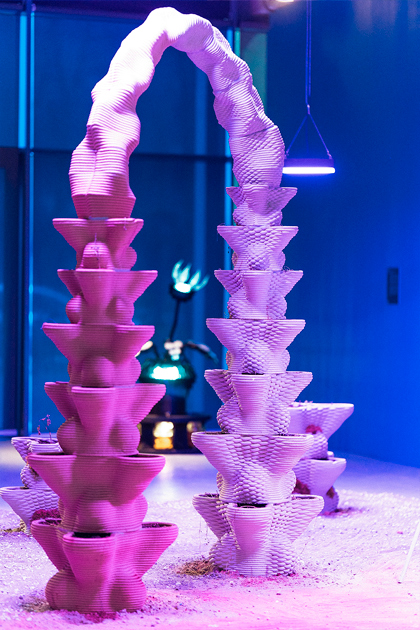 3D printed concrete projects with twisted architectural structures in pink