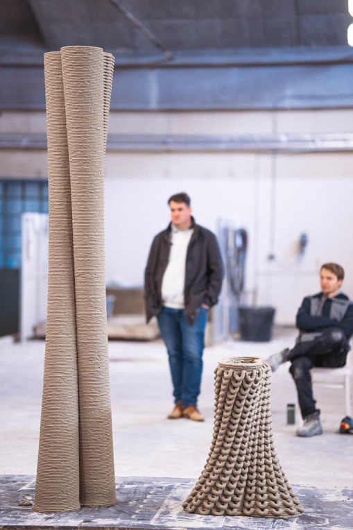 3D concrete printing project with tall and short textured architectural structures