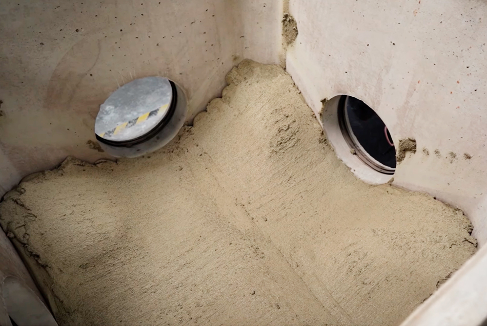 Two recessed lights in sandy, textured wall corner