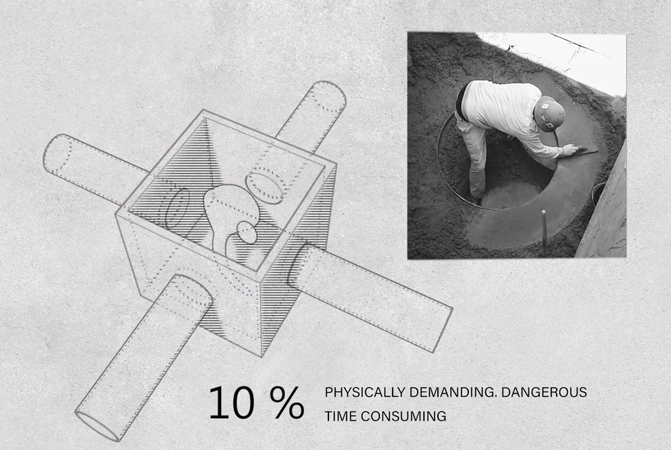 Worker digging in confined space with technical diagram showing difficulty