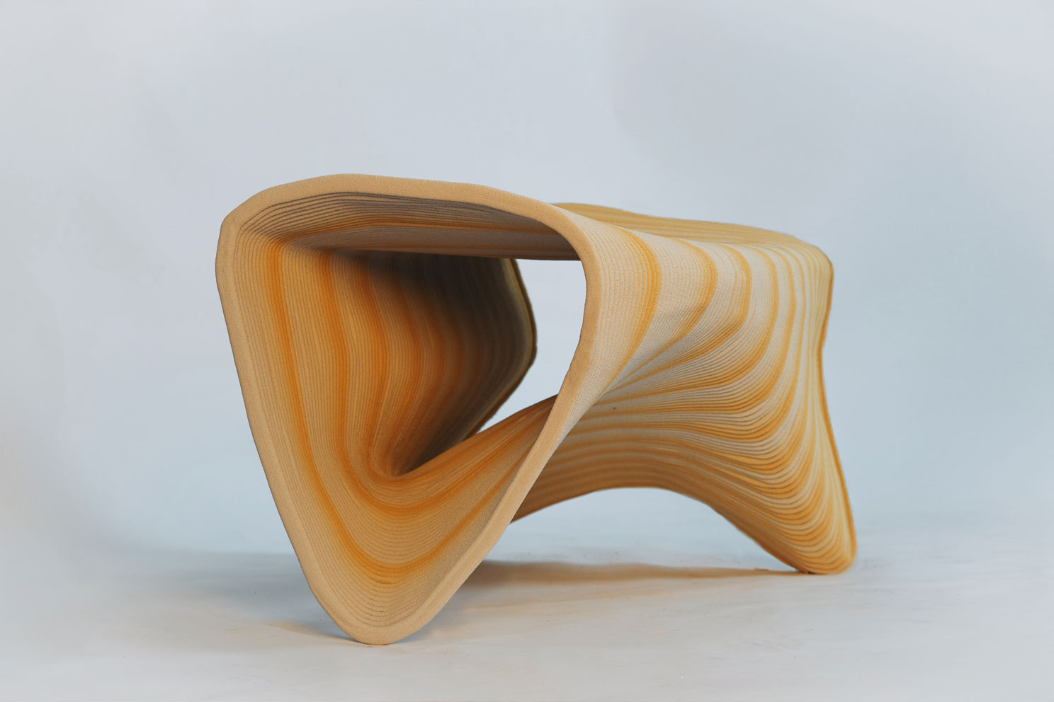 Curved wooden sculpture with layered, flowing organic design