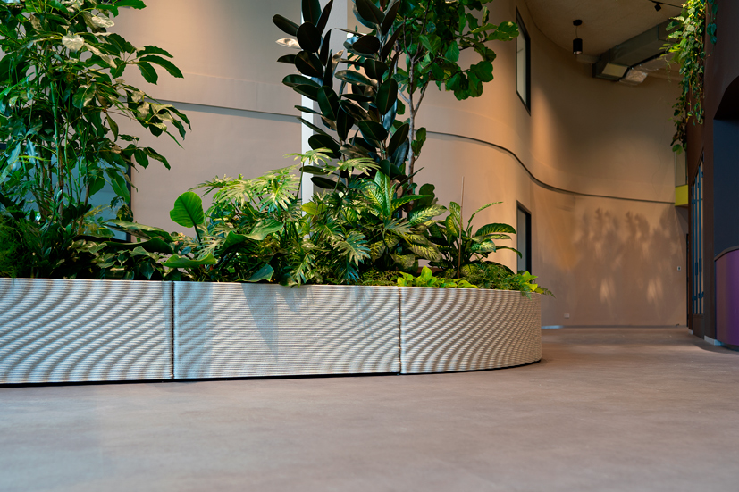 3D concrete printing creates curved planter with lush green indoor plants