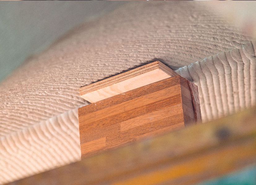 3D concrete printing project showcasing layered wood block texture