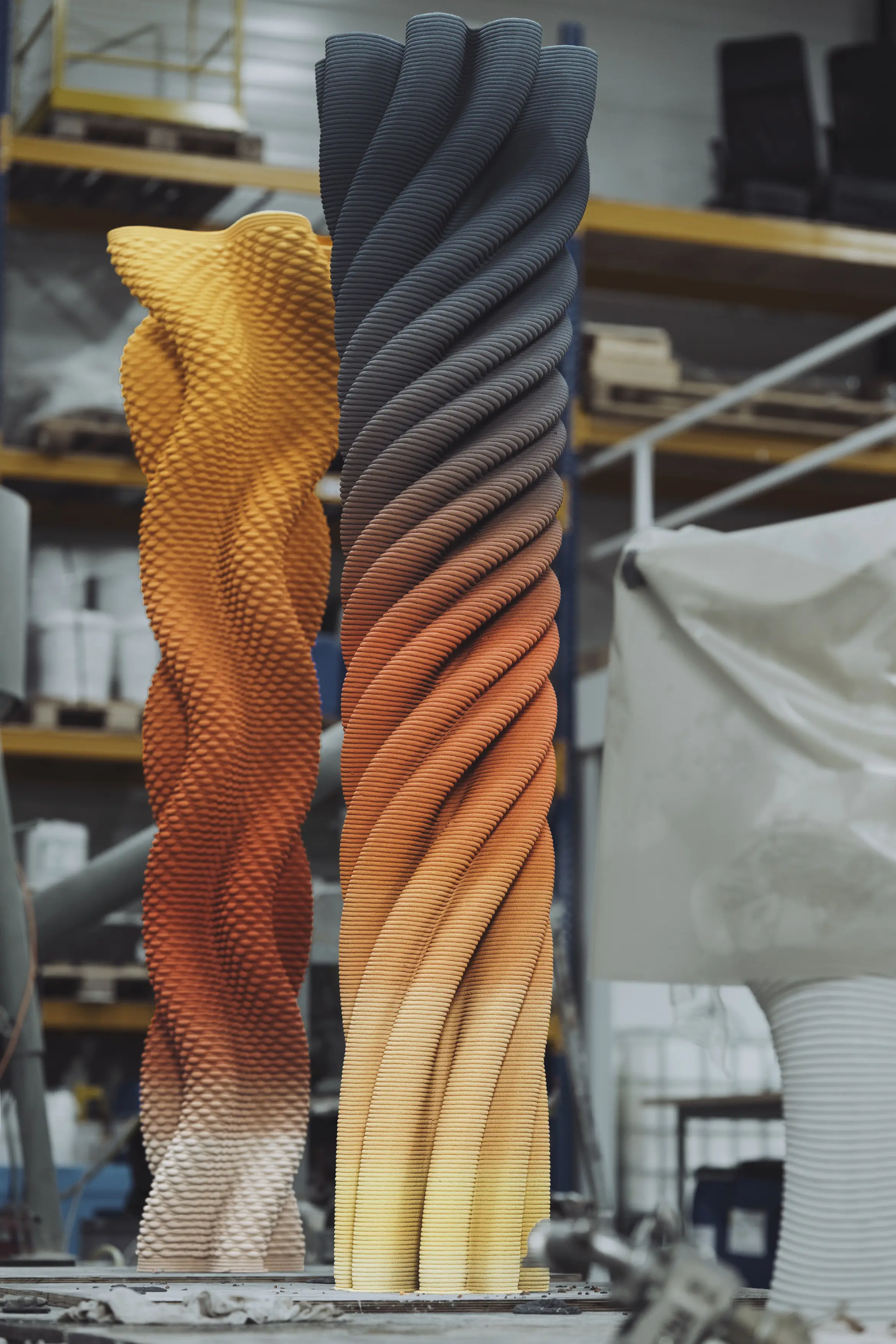 3D concrete printing creating twisted architectural columns in gradient colors