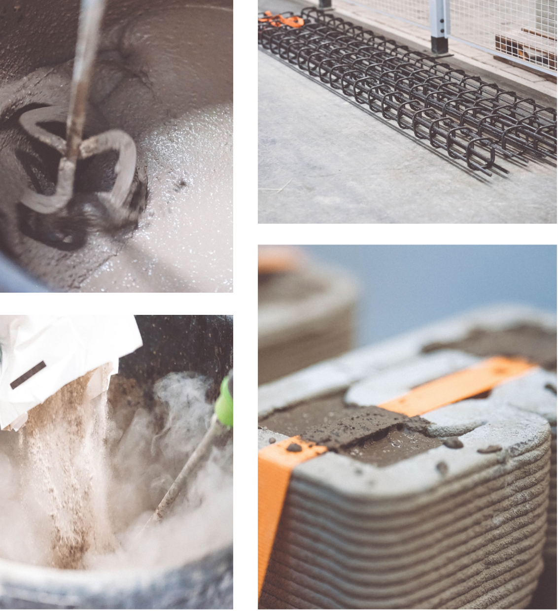 3D concrete printing process showing material mixing and layered fabrication