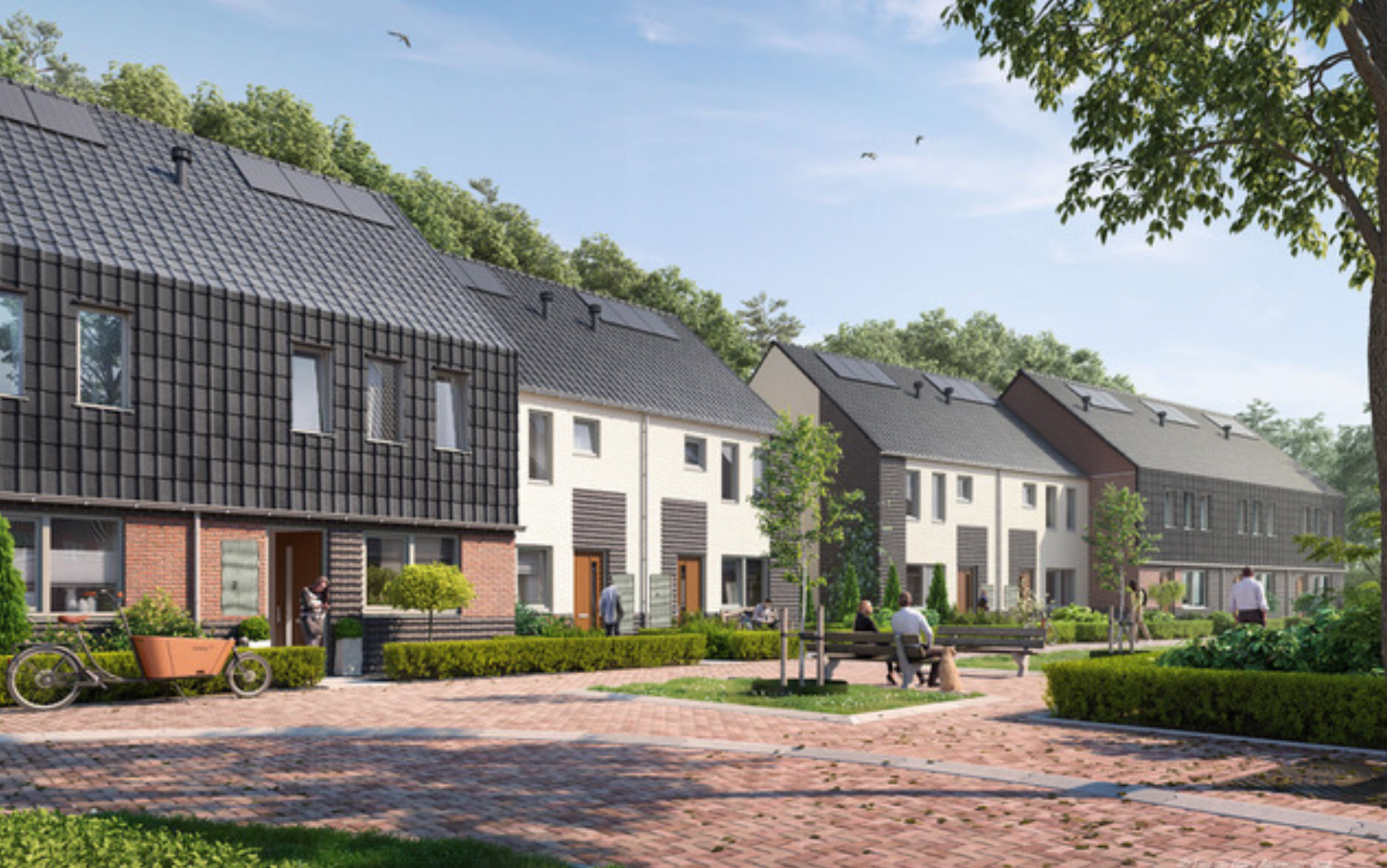 3D rendering of concrete housing development with solar printing projects