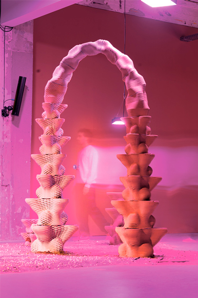 Pink twisted architectural arch sculpture in neon-lit minimalist space