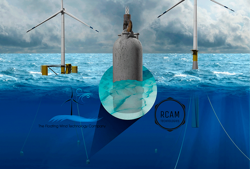 Offshore floating wind turbines with underwater concrete foundation technology