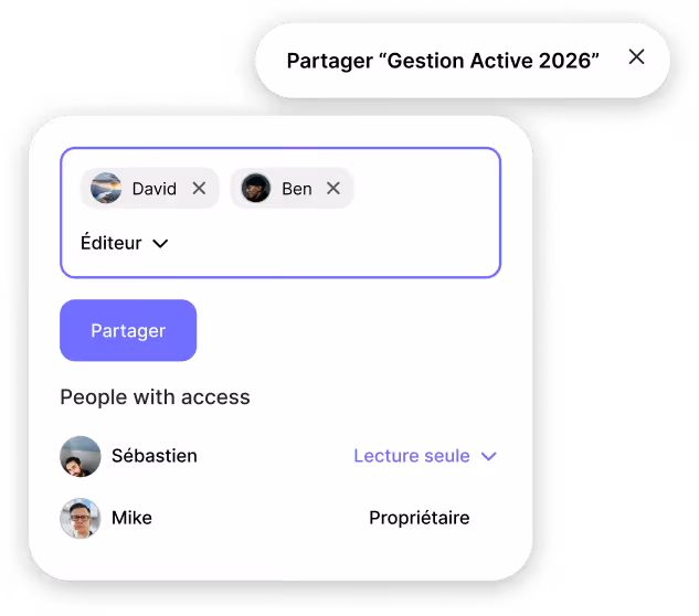 Tableau montrant un portefeuille d'actions avec un total de 12 872,88 €, incluant des actions Apple, Samsung Electronics, et Alphabet avec leurs valeurs et variations en pourcentage.