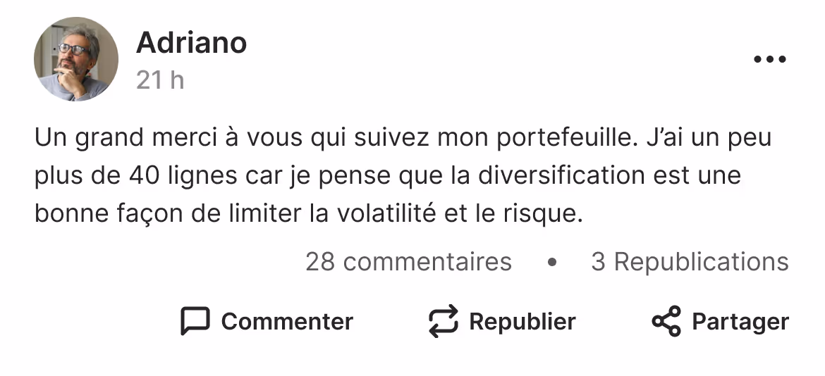 Post LinkedIn d'un utilisateur nommé Adriano remerciant ses abonnés et parlant de diversification pour limiter la volatilité et le risque avec 28 commentaires et 3 republications.
