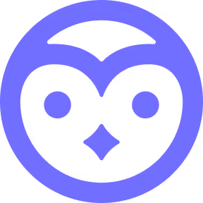 Icône de visage de hibou stylisé en violet avec grands yeux ronds.
