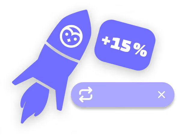 Icône de fusée violette avec symbole, accompagnée d'un encadré affichant +15 % et d'une barre de progression avec icône de rafraîchissement.