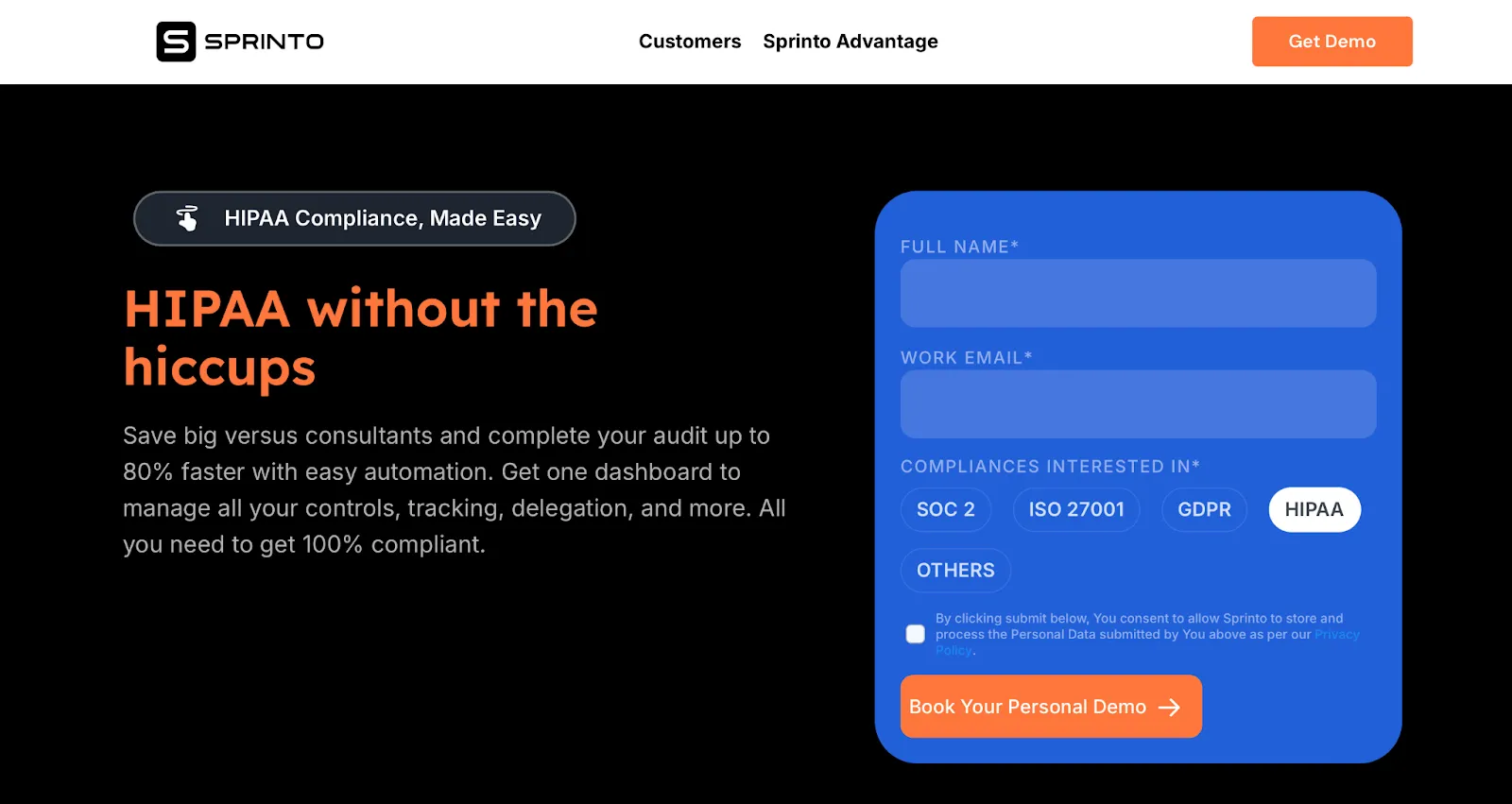 This is the home page of Sprinto