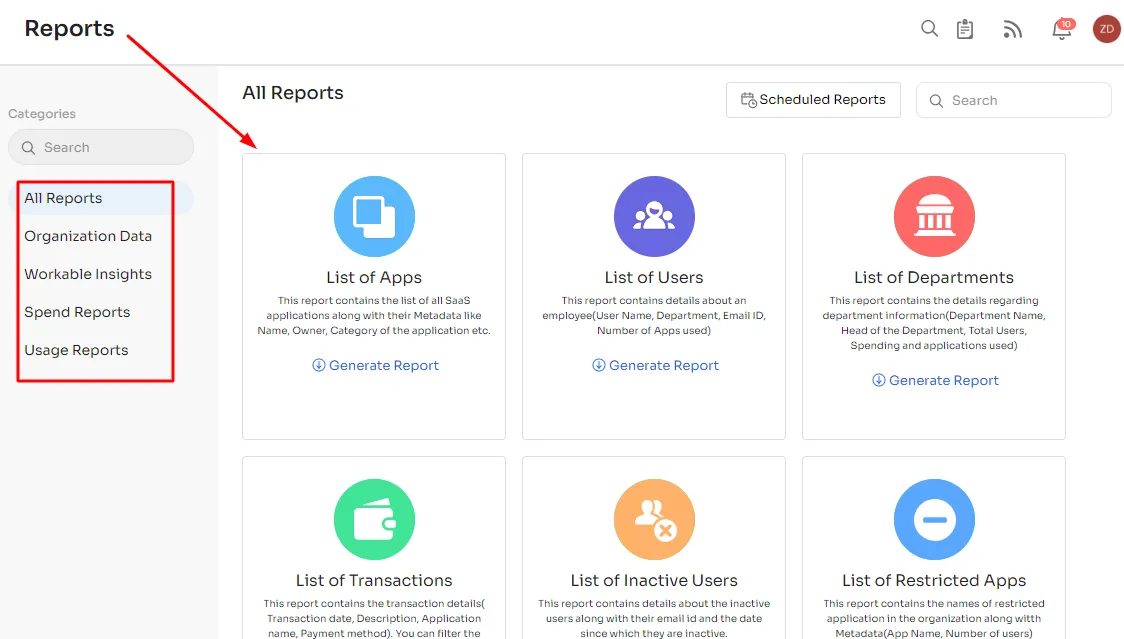 This shows the Zluri's reports module