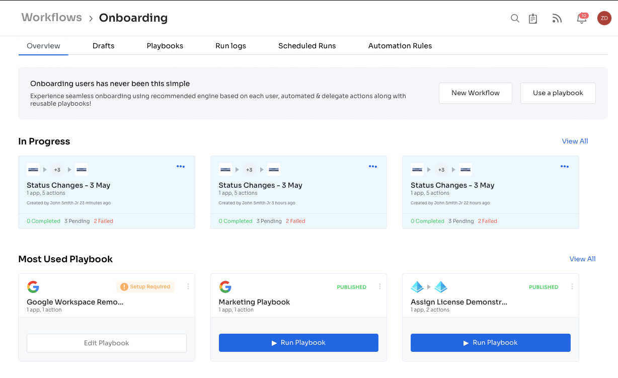 Zluri's onboarding workflow- gives you an overview of its saved playbooks, automation rules, scheduled runs, and more.