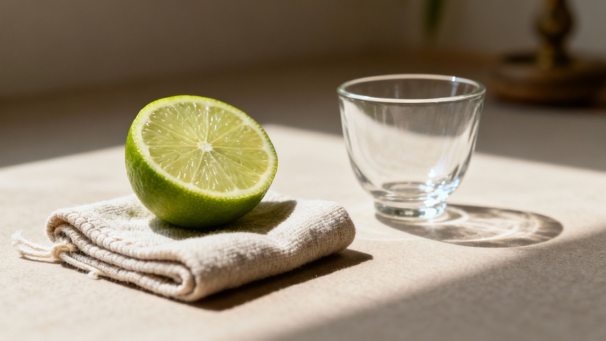 A lime cut in half on a folded napkin accompanied by a glass cup.