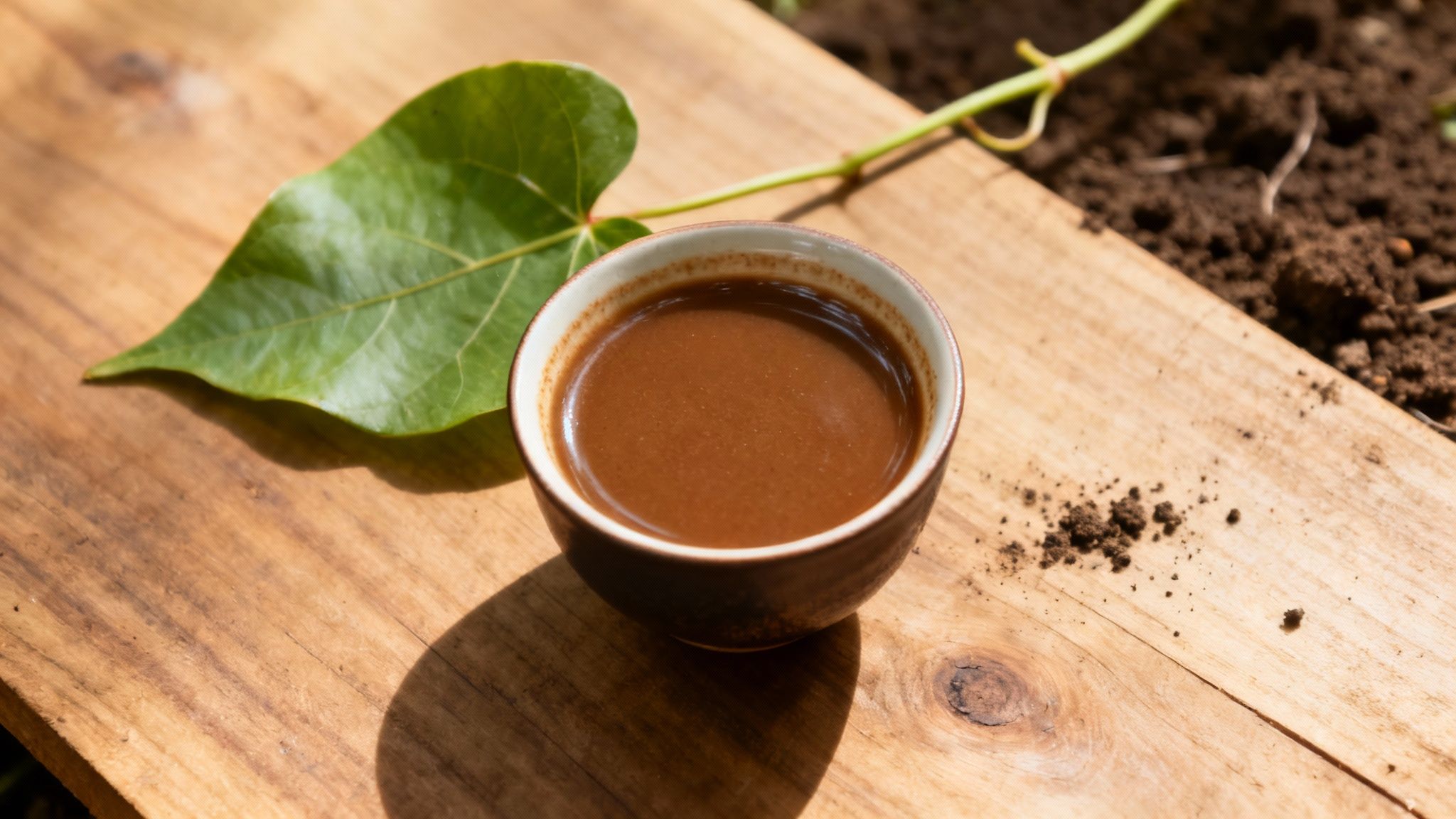 An Ayahuasca brew being poured into a small ceremonial cup, highlighting its dark color and thick consistency.