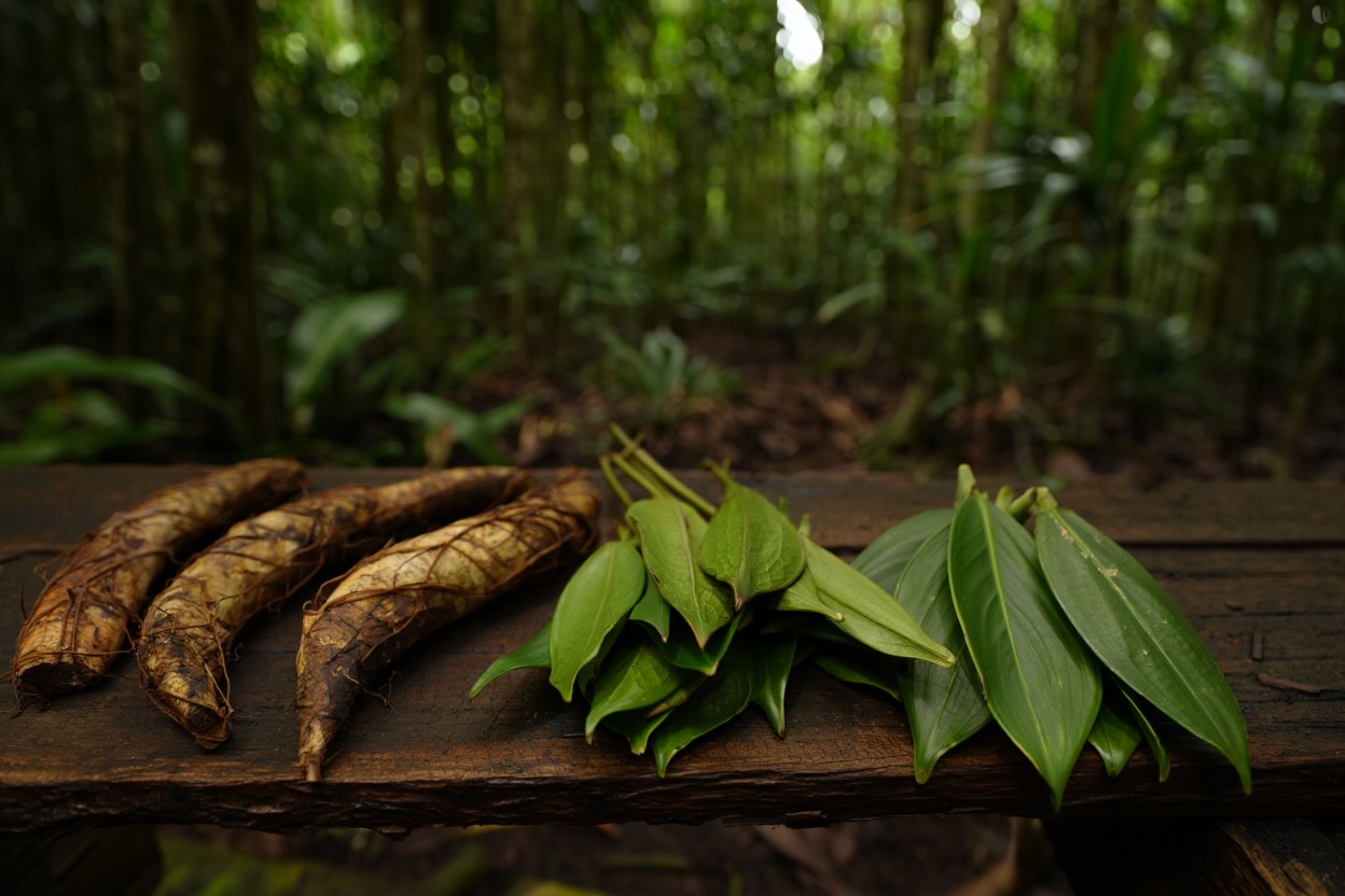 A table in the Amazon jungle containing the ingredients to brew ayahuasca. 