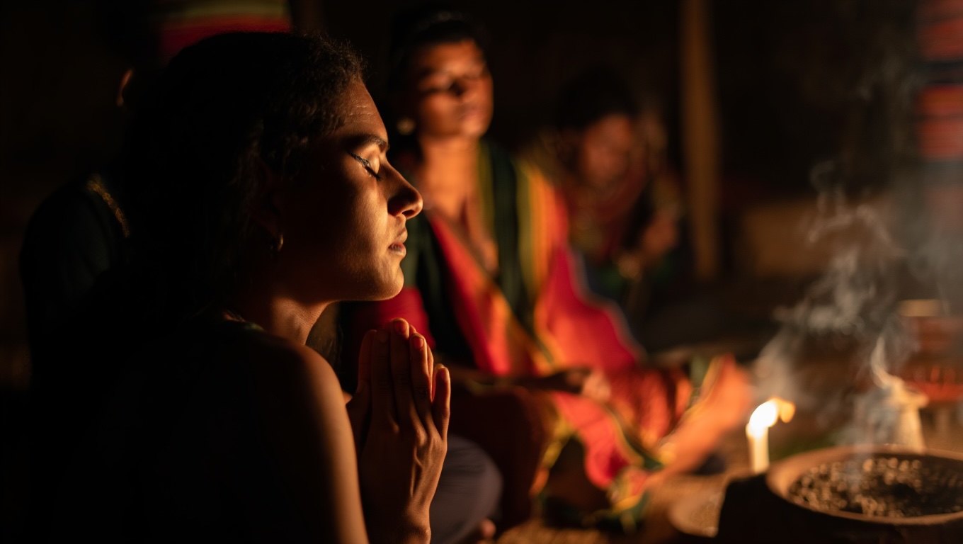 A woman sitting in a candlelight preparing for an ayahuasca experience. 