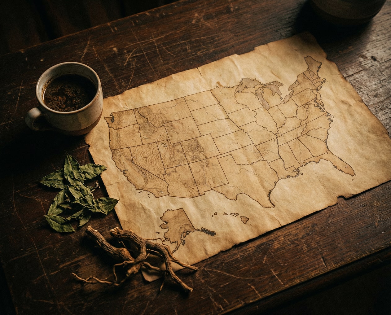 A map of the United States on a wooden table next to DMT leaves, a cup of ayahuasca, and ayahuasca roots. 