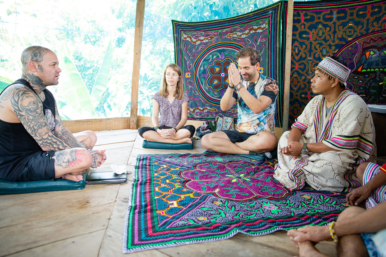 Two Shipibo shamans in an integration setting after an ayahuasca ceremony.