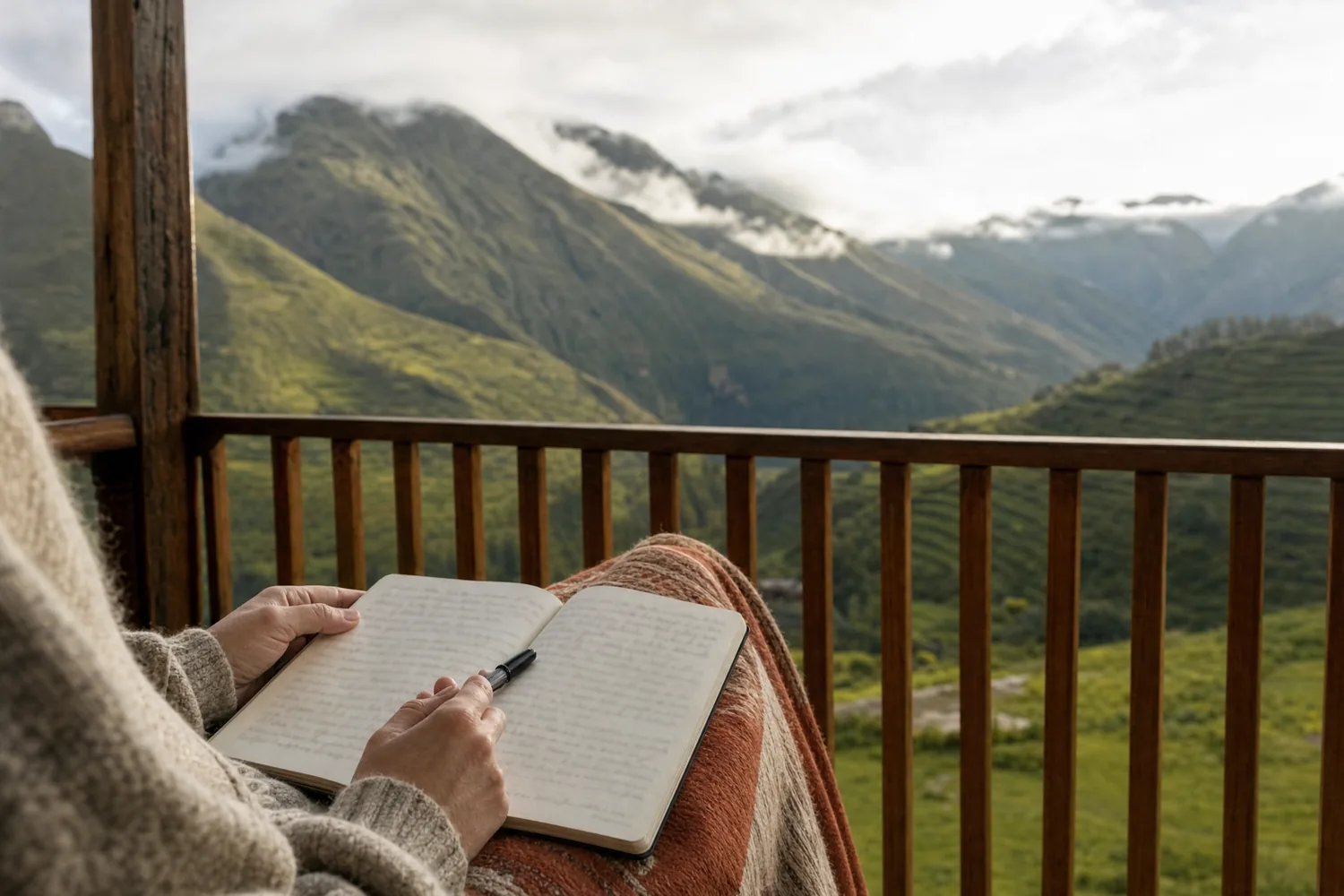 Hands resting on an open journal on a wooden terrace, with green terraced slopes and Andean peaks under morning cloud