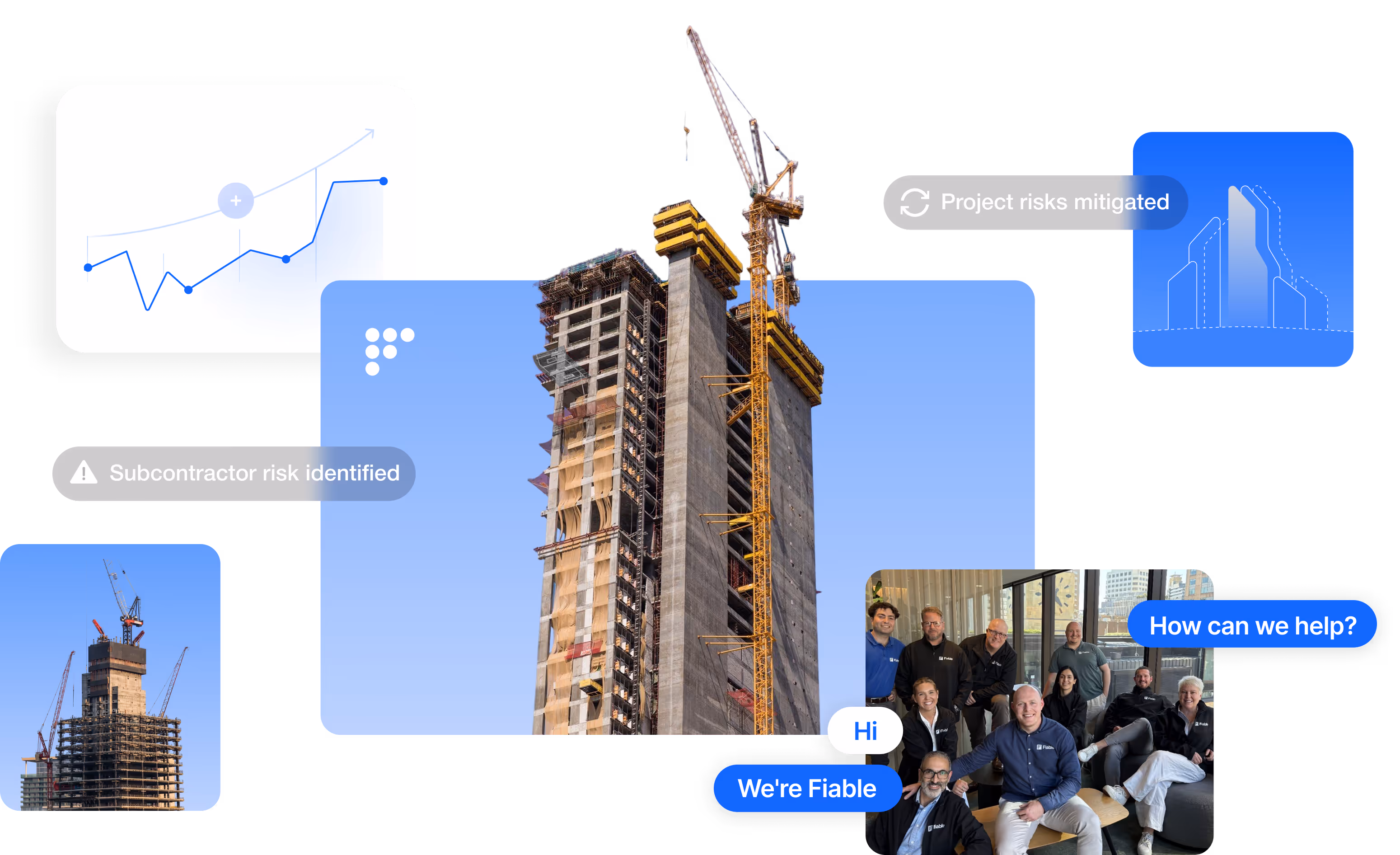 High-rise building under construction with cranes and a group of people smiling indoors with chat bubbles about project risk and help.
