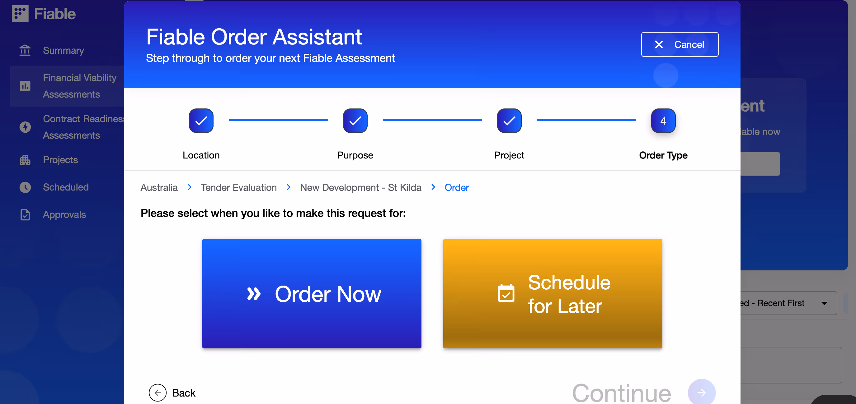 Platform screen showing order now or schedule