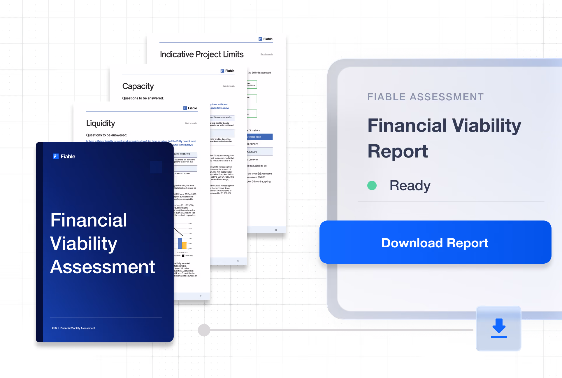 Fiable Financial Viability Assessment and report pages with Download Report button and PDF icon.