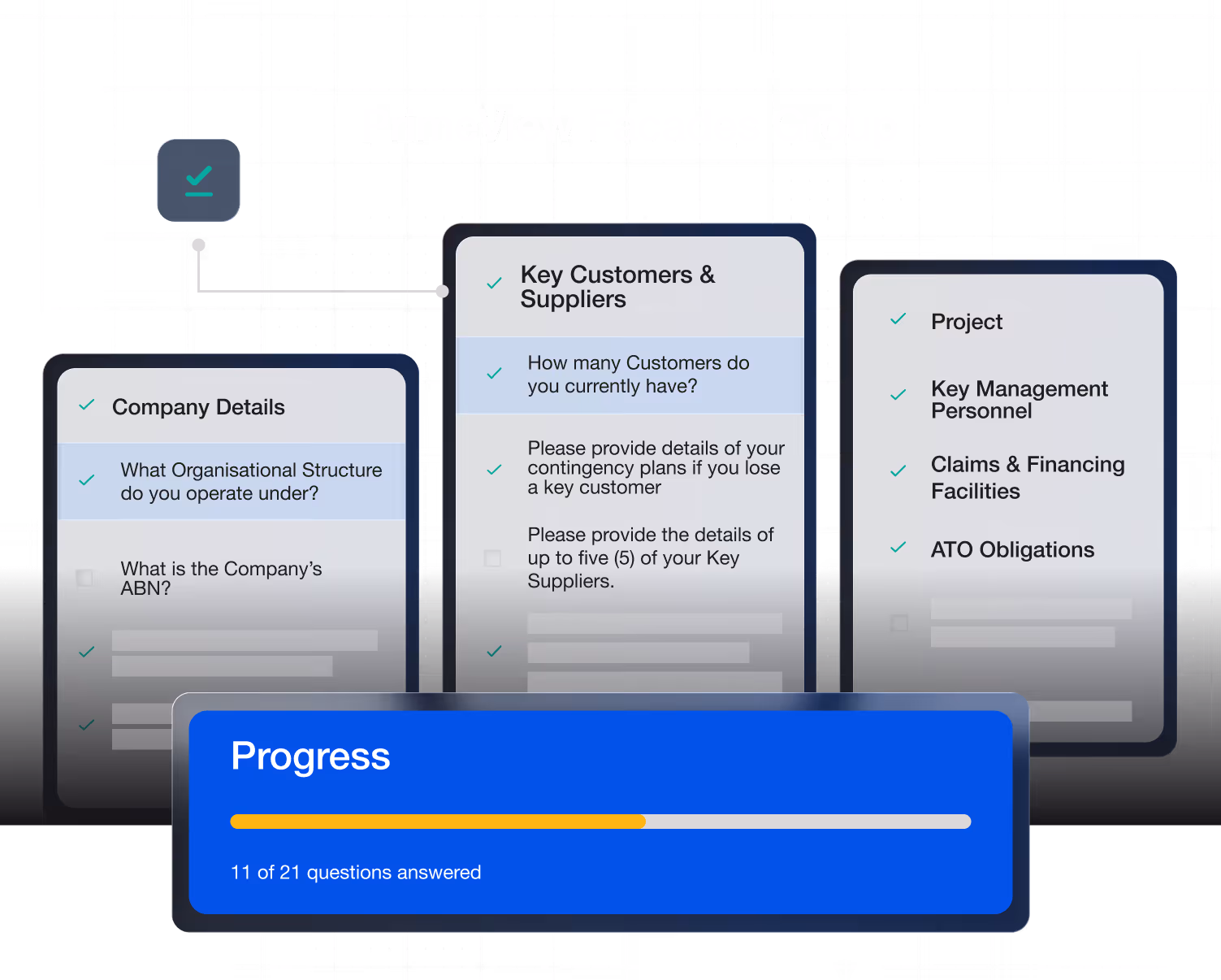 Fiable checklist questions and progress bar showing 11 of 21 questions answered.