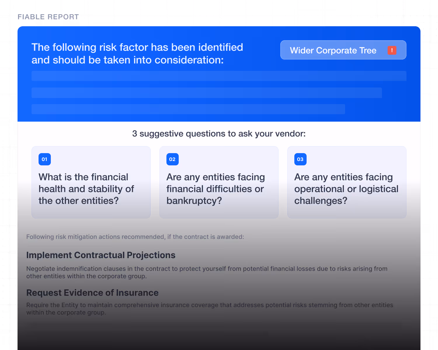 Fiable Risk factor 'Wider Corporate Tree' identified; questions on financial health, bankruptcy, and operational challenges.