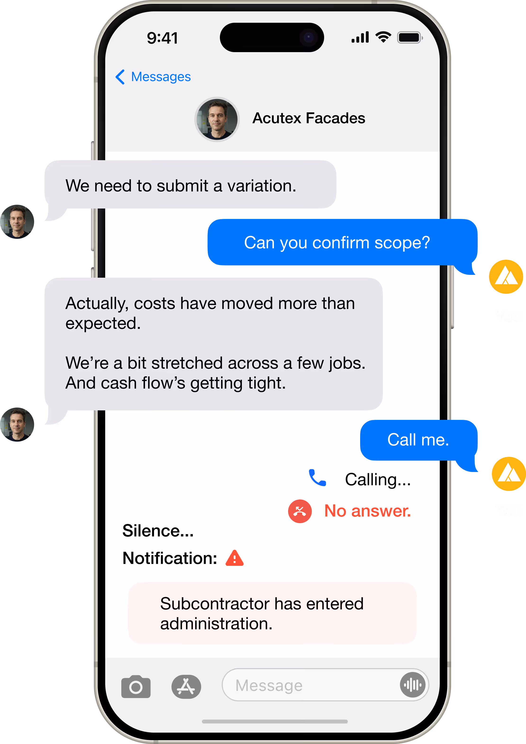 Mock up of phone showing message exchange between vendor and main contractor