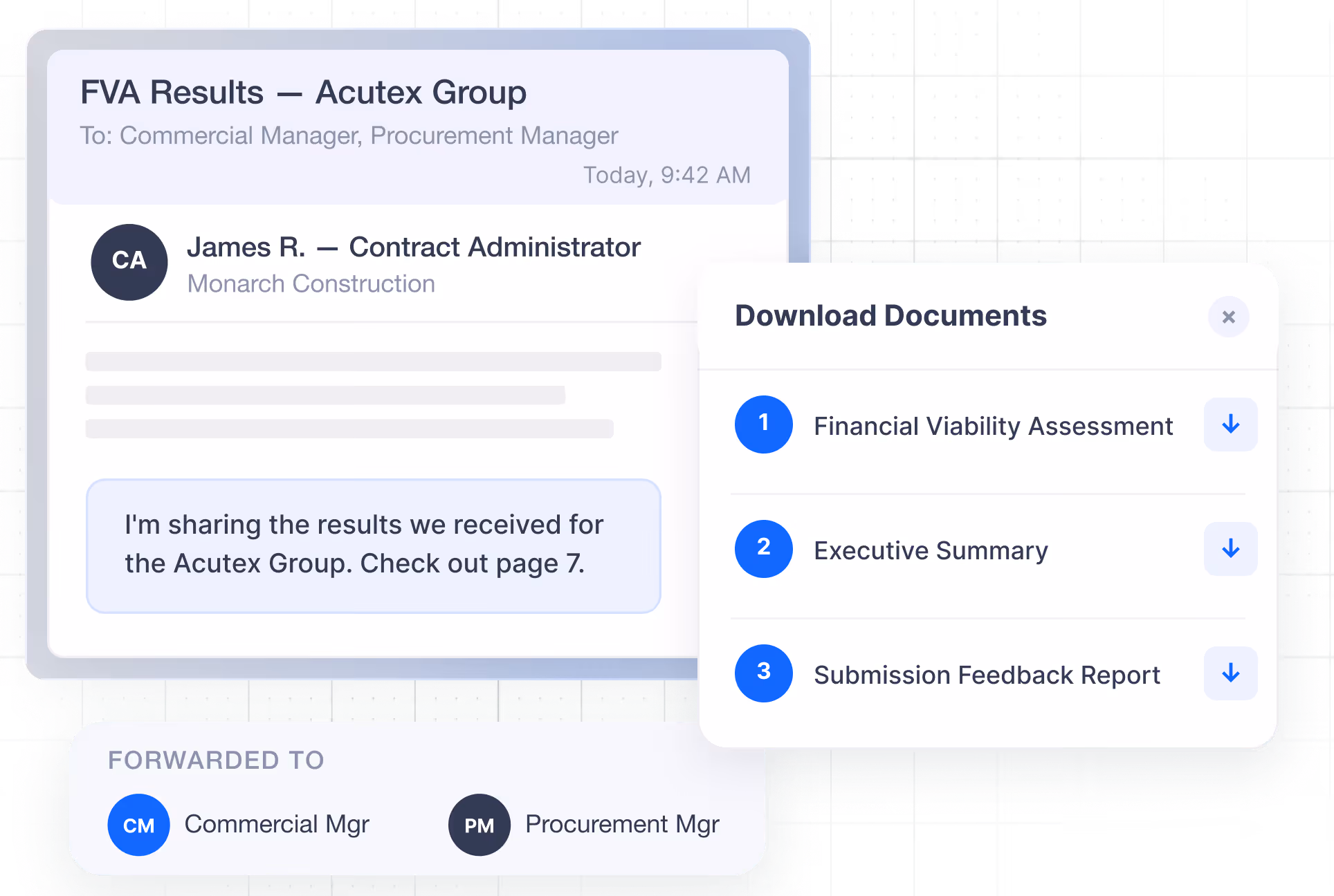 Message from a contractor with results and download options for assessment, summary, and feedback reports.