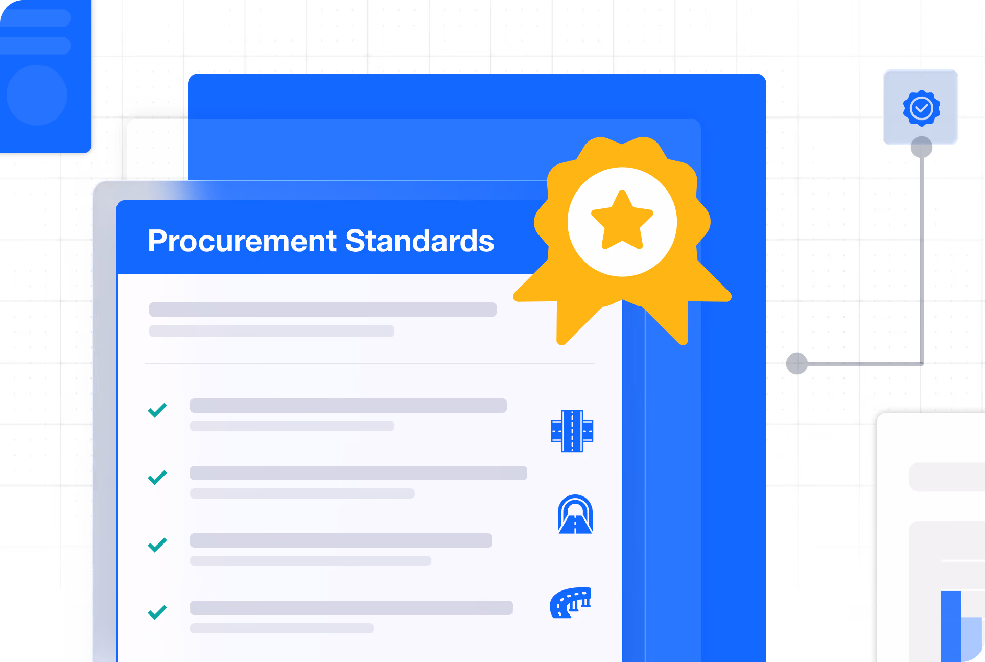 Document titled Procurement Standards with checkmarks and construction-related icons beside each item.