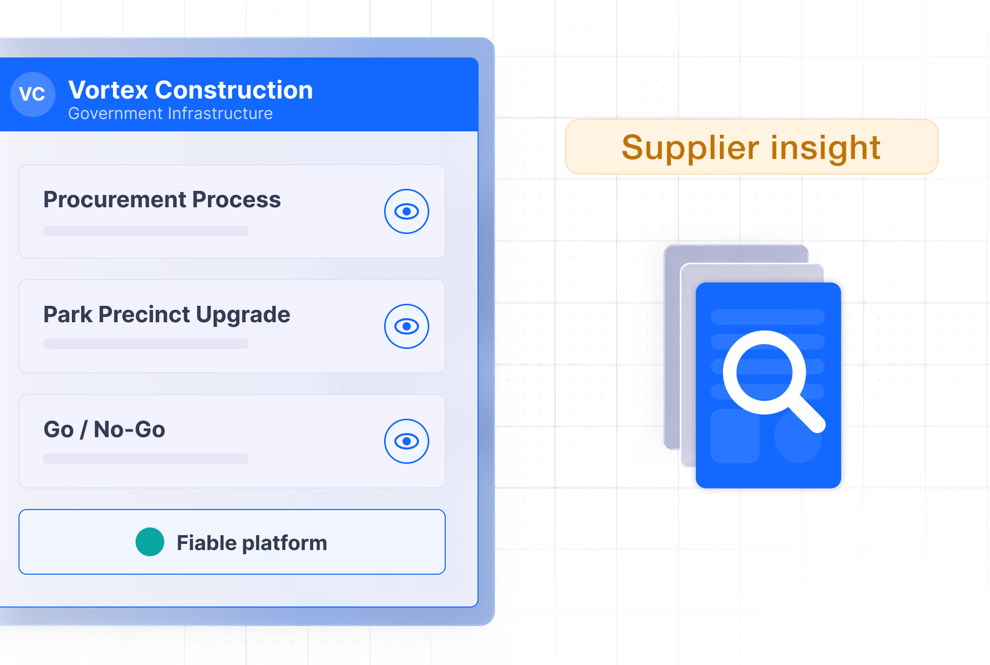 Dashboard showing Vortex Construction projects with procurement process, park upgrade, go/no-go status, and supplier insight.