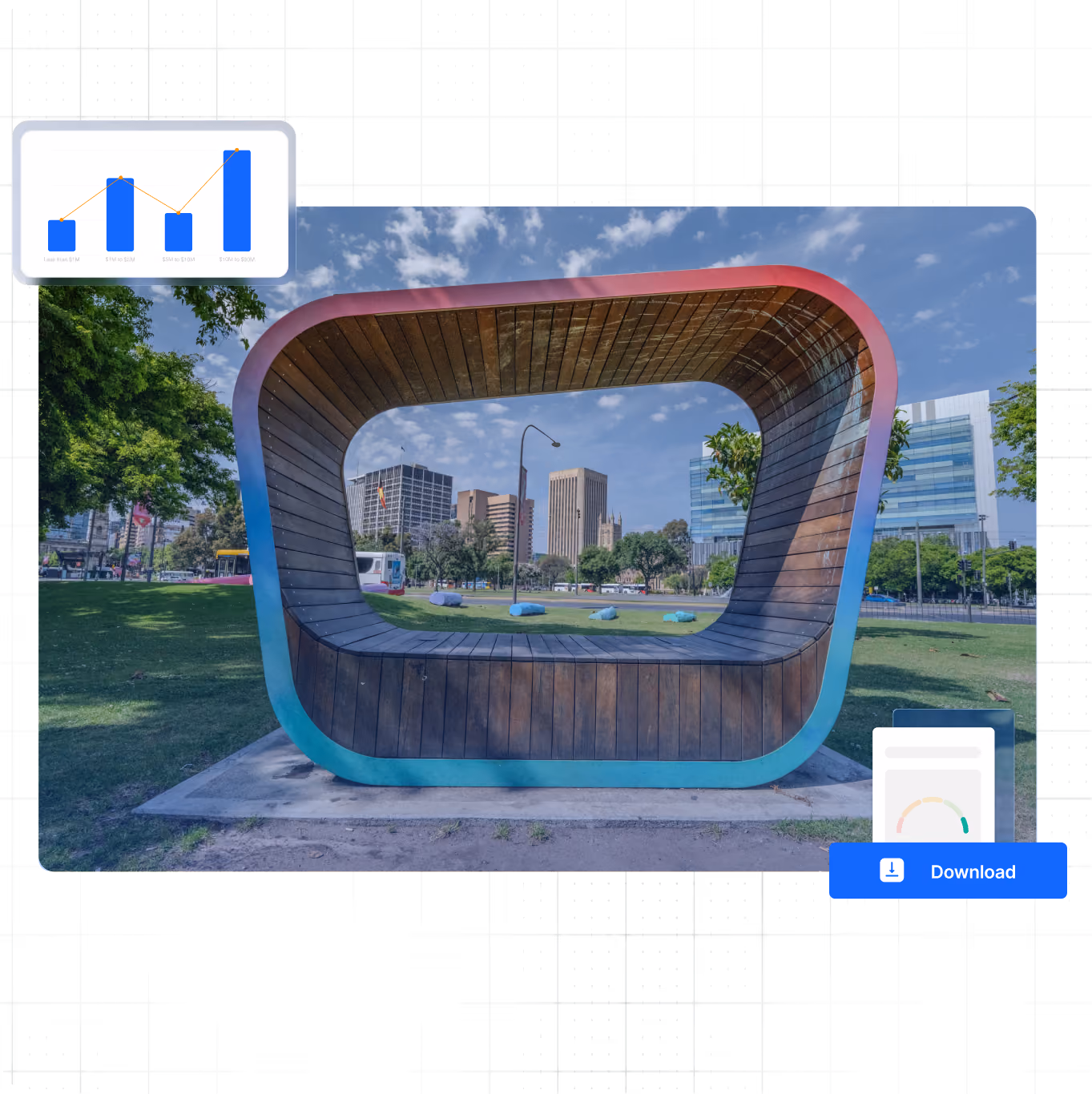 Wooden bench sculpture framing city buildings in a park under a blue sky with scattered clouds.