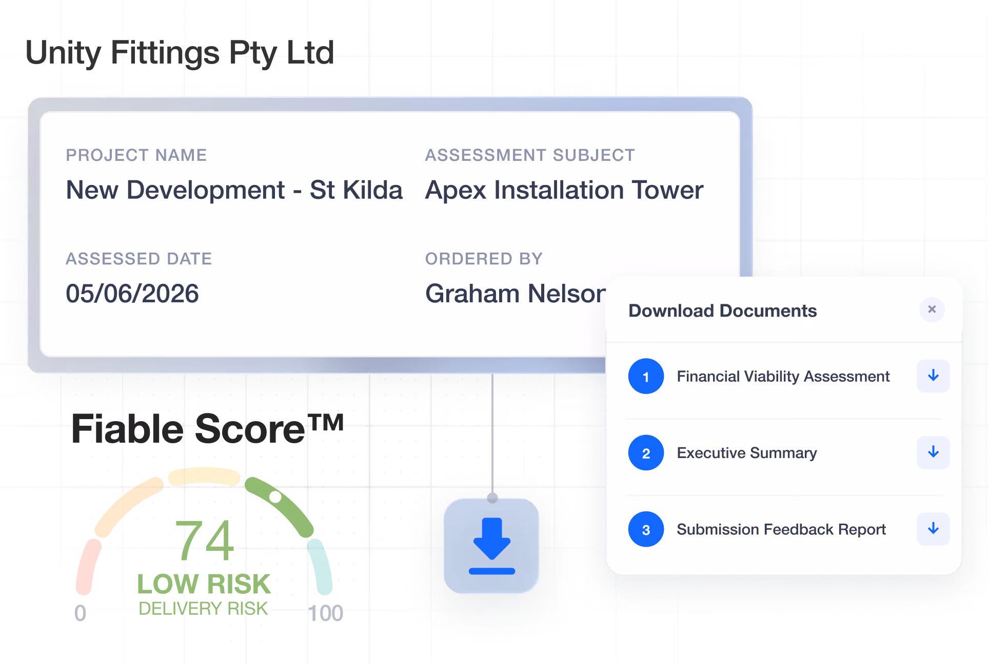 Project info with low risk score 74, download menu for financial, executive, and feedback reports.