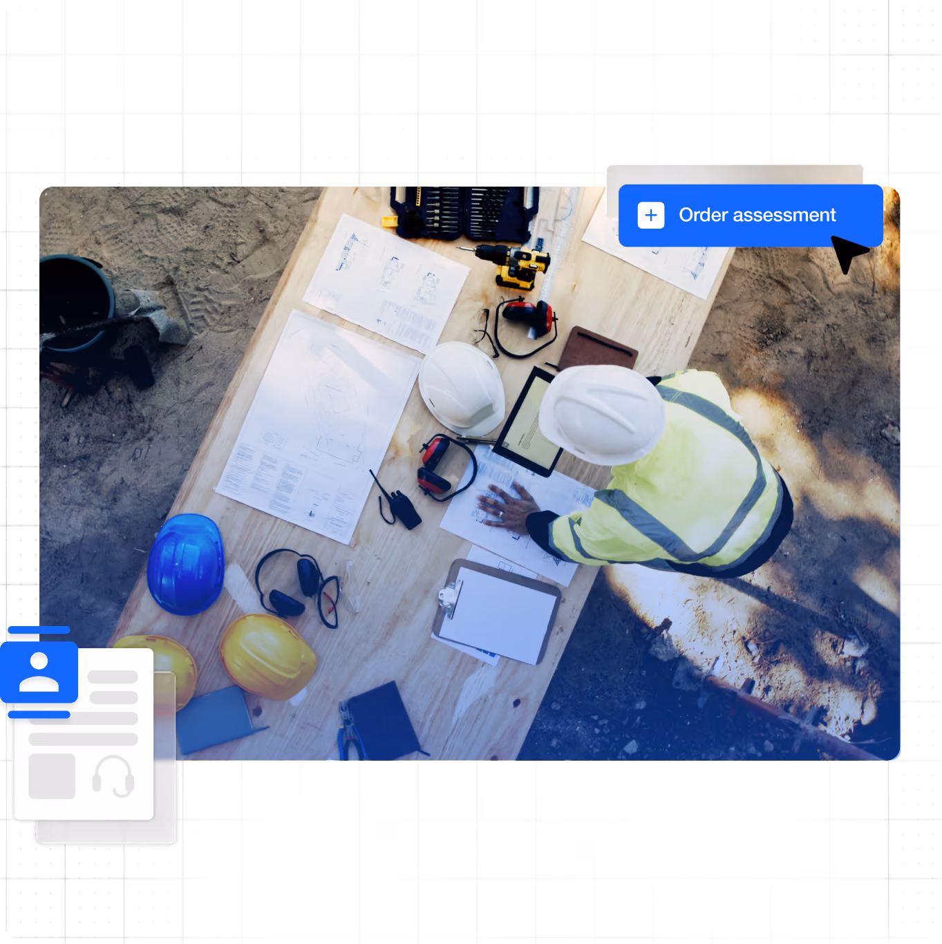 Construction worker in safety gear reviewing documents on a wooden table at a worksite.